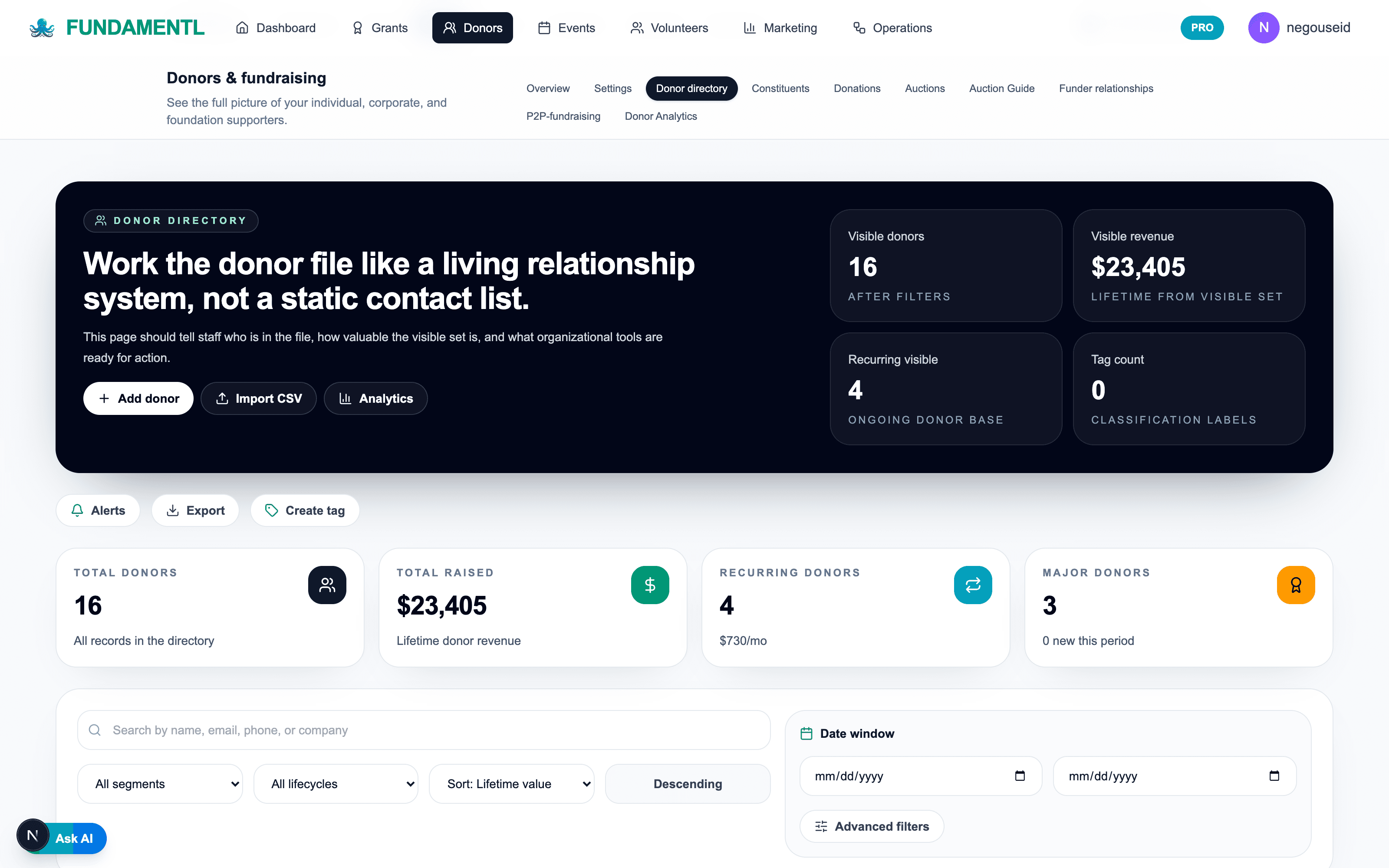 Fundamentl donor and relationship workspace with fundraising context