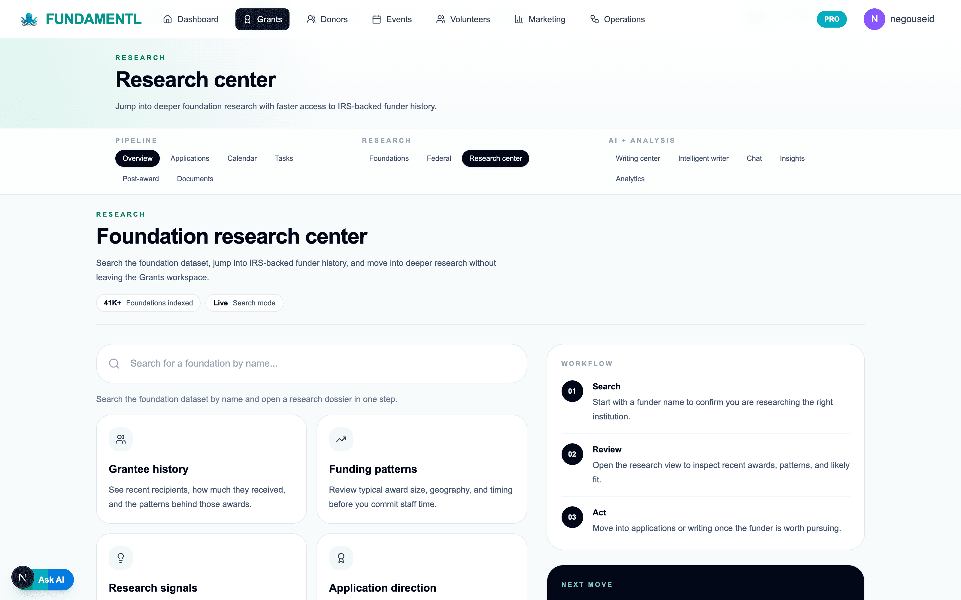 Fundamentl grants research center showing funder search and research workflow