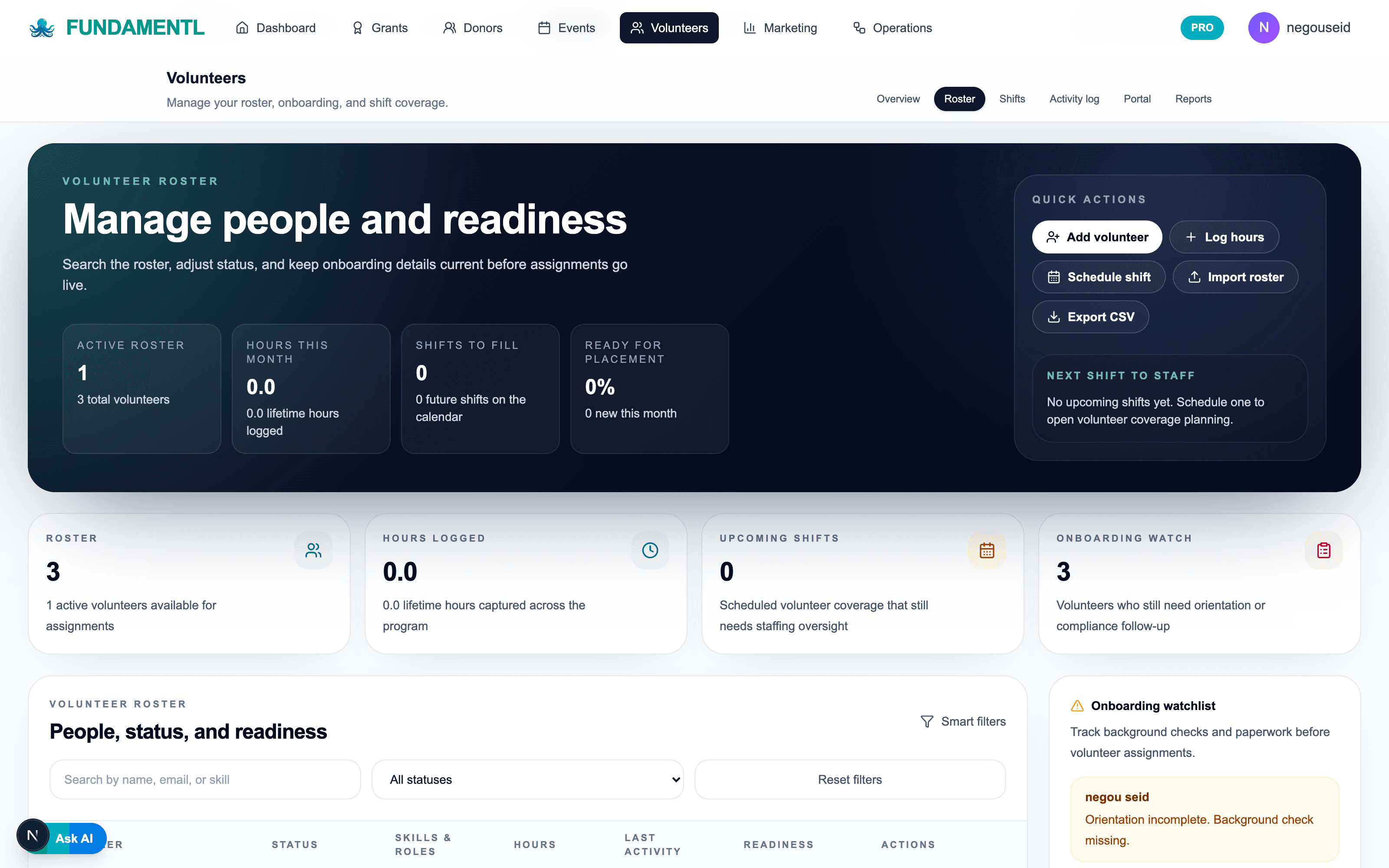 Fundamentl volunteer workspace showing shift management and volunteer coordination